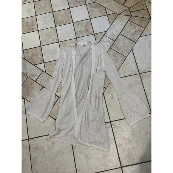 Calvin Klein Long Open Front Cardigan - Sparkly Gold Cream Knit Sz Extra Sm - Picture 1 of 6